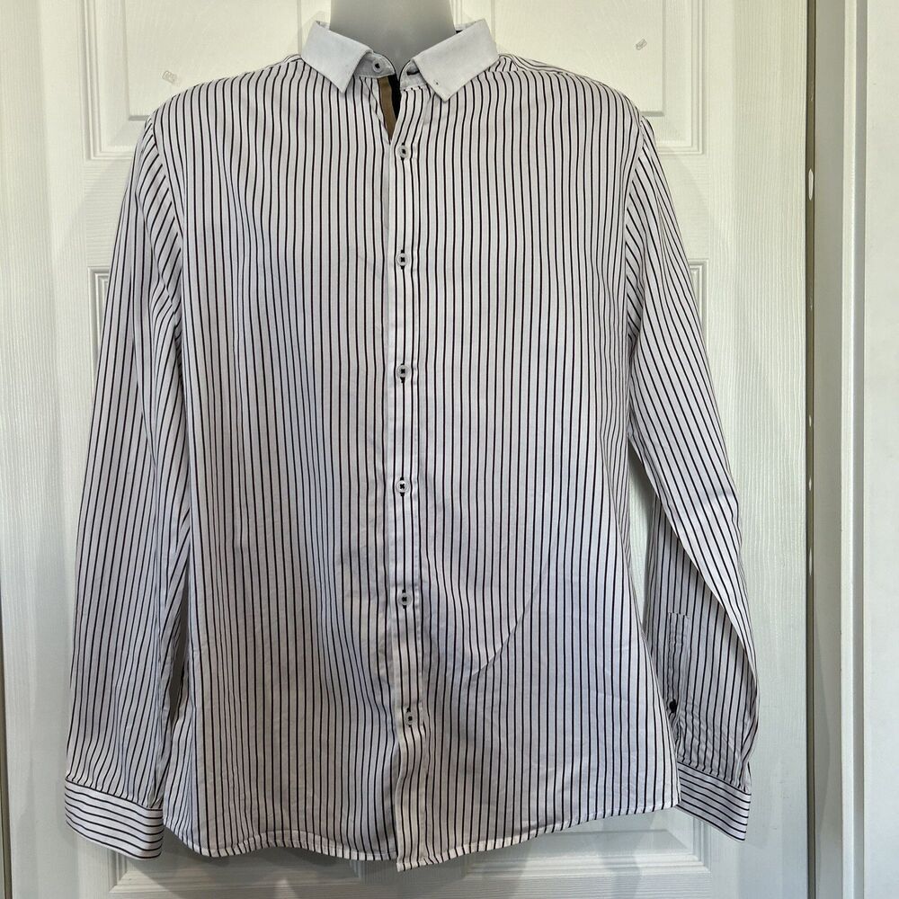 River Island Mens L Slim Fit Burgundy White Striped Dress Shirt Contrast Collar
